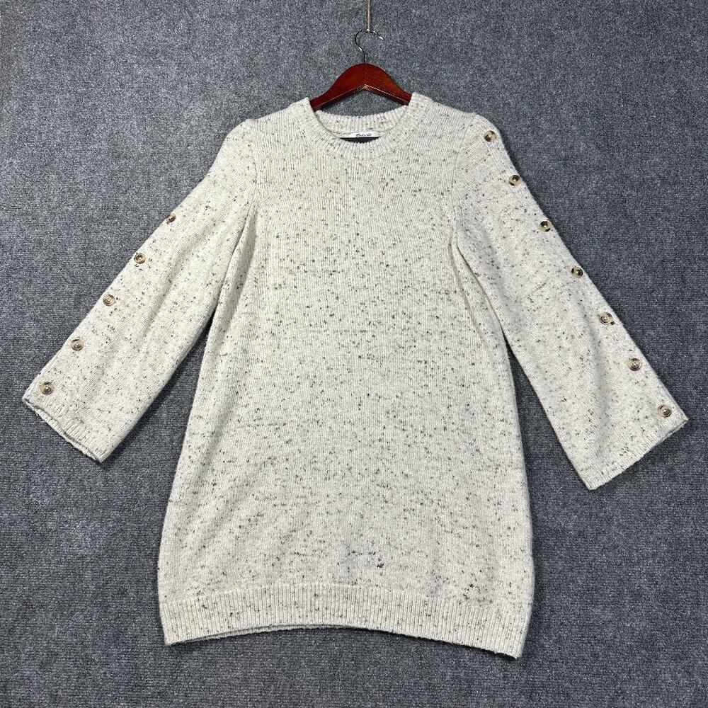 Madewell Donegal Button Sleeve Sweater Dress Knit Cream Speckled H3614 Large
